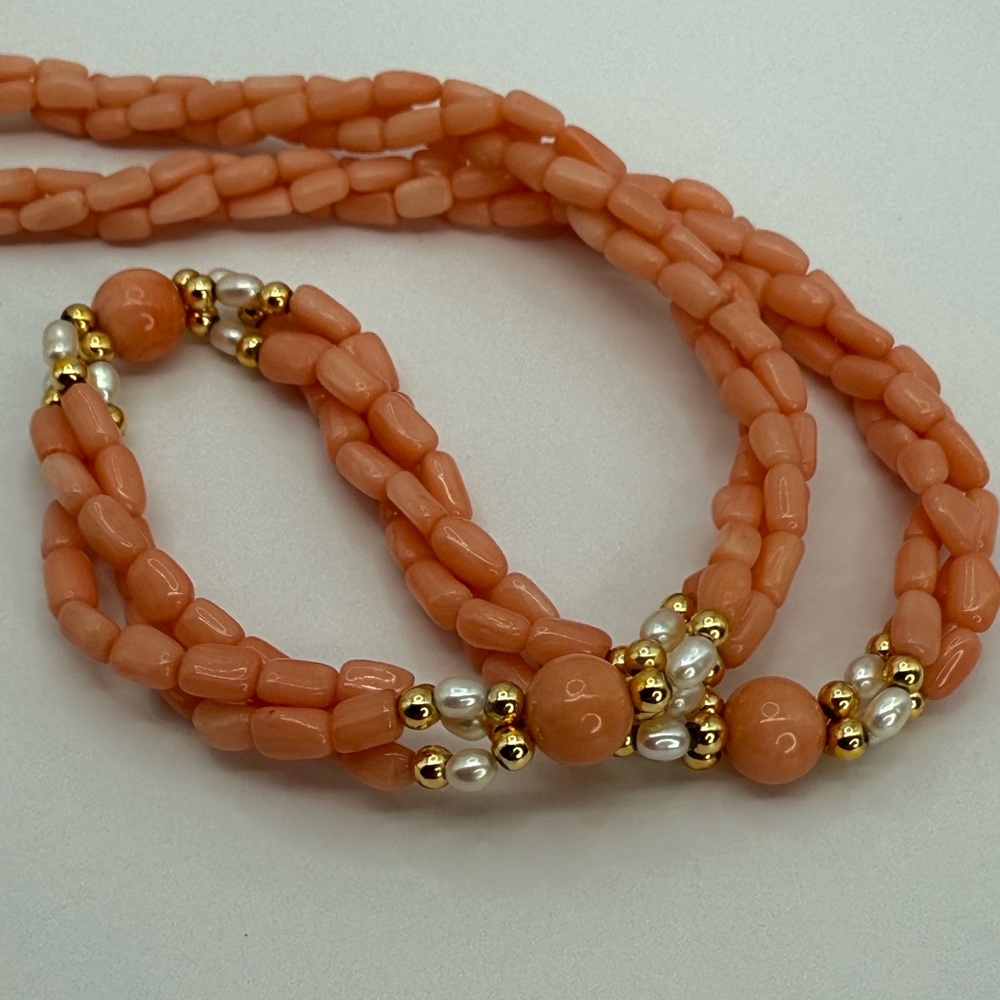 Vintage Angel Skin Coral & Freshwater Pearl 18” 3 Strand Twist Bead Gold Accents - Picture 17 of 17